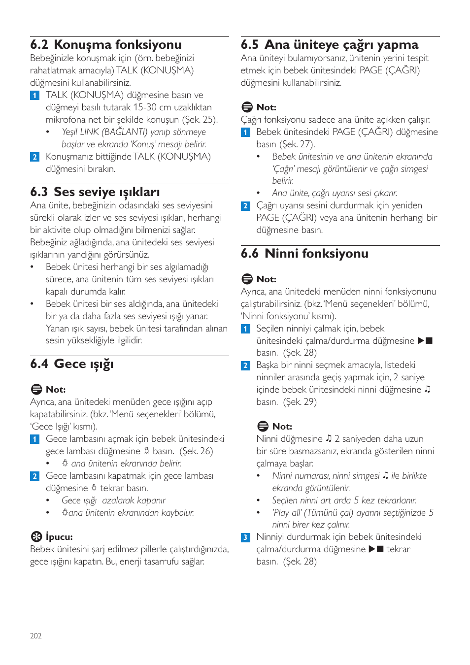 5 ana üniteye çağrı yapma, 6 ninni fonksiyonu, 2 konuşma fonksiyonu | 3 ses seviye ışıkları, 4 gece ışığı | Philips AVENT Vigilabebés DECT User Manual | Page 202 / 216