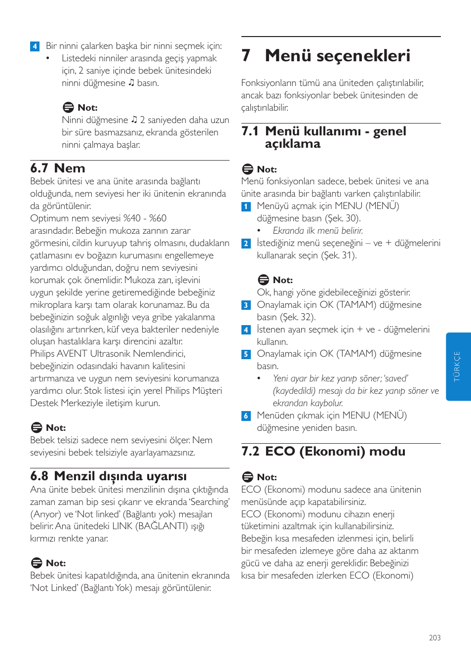 7 menü seçenekleri, 1 menü kullanımı - genel açıklama, 2 eco (ekonomi) modu | 7 nem, 8 menzil dışında uyarısı | Philips AVENT Vigilabebés DECT User Manual | Page 203 / 216