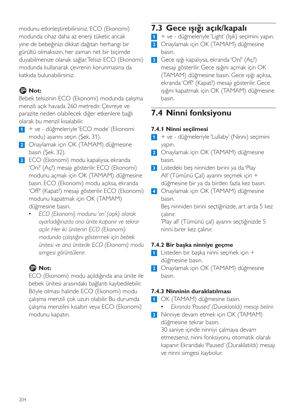 3 gece ışığı açık/kapalı, 4 ninni fonksiyonu | Philips AVENT Vigilabebés DECT User Manual | Page 204 / 216