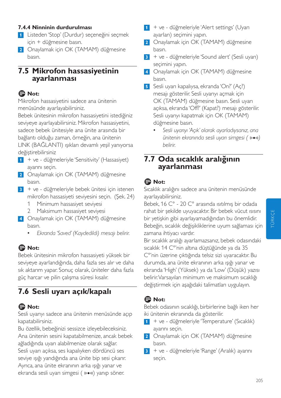 7 oda sıcaklık aralığının ayarlanması, 5 mikrofon hassasiyetinin ayarlanması, 6 sesli uyarı açık/kapalı | Philips AVENT Vigilabebés DECT User Manual | Page 205 / 216
