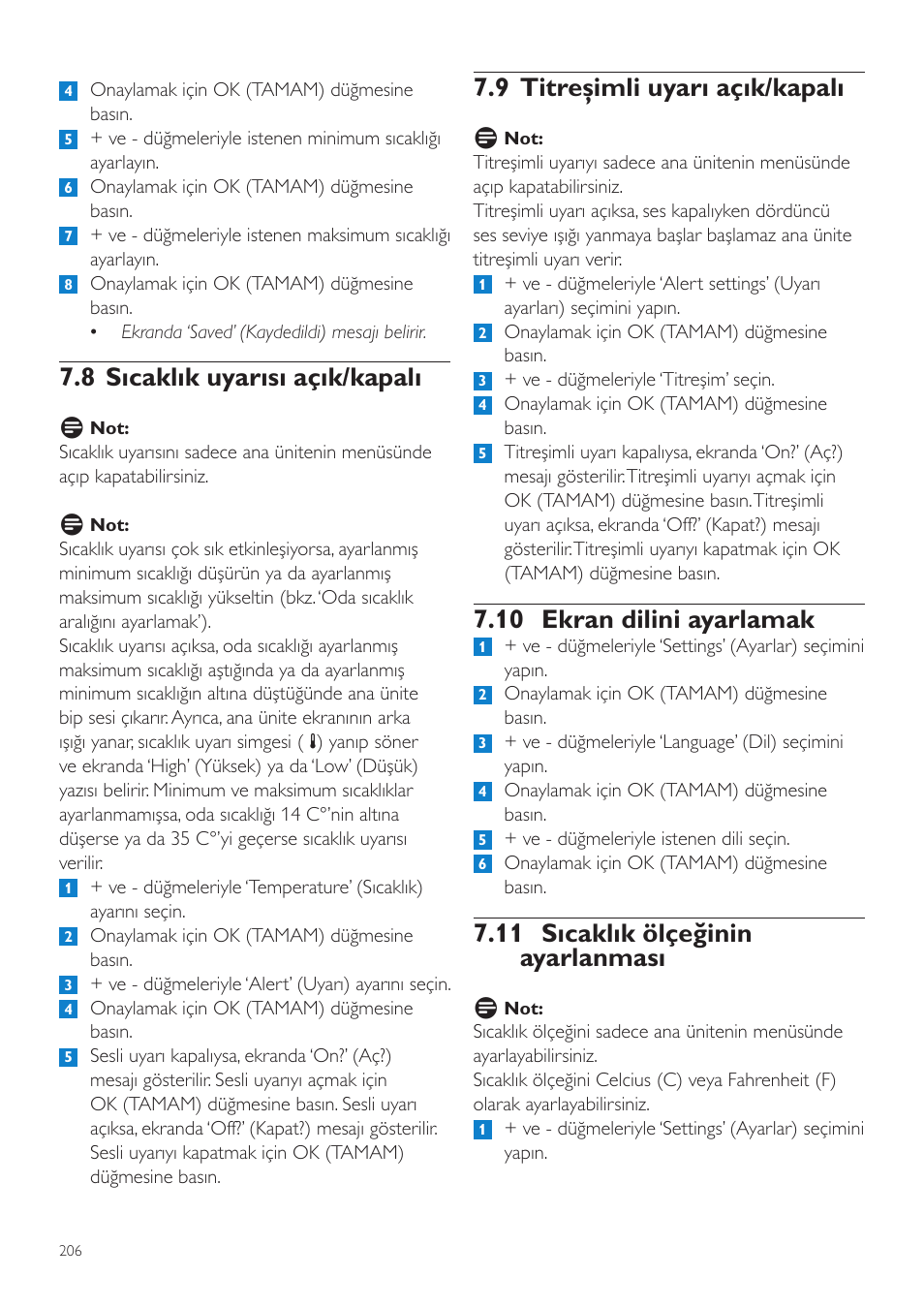 9 titreşimli uyarı açık/kapalı, 10 ekran dilini ayarlamak, 11 sıcaklık ölçeğinin ayarlanması | 8 sıcaklık uyarısı açık/kapalı | Philips AVENT Vigilabebés DECT User Manual | Page 206 / 216