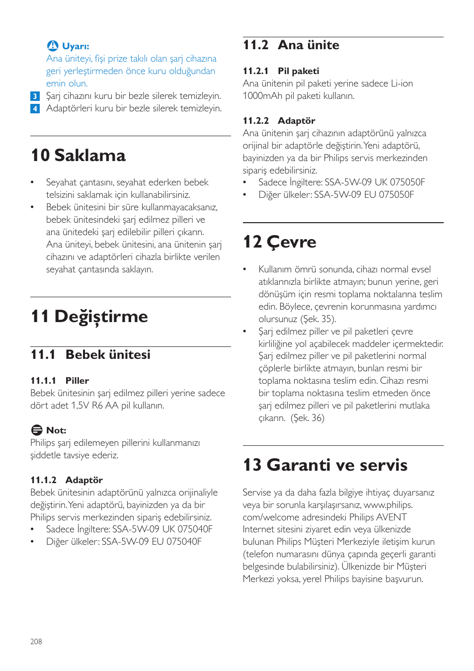 12 çevre, 13 garanti ve servis, 10 saklama | 11 değiştirme, 2 ana ünite, 1 bebek ünitesi | Philips AVENT Vigilabebés DECT User Manual | Page 208 / 216