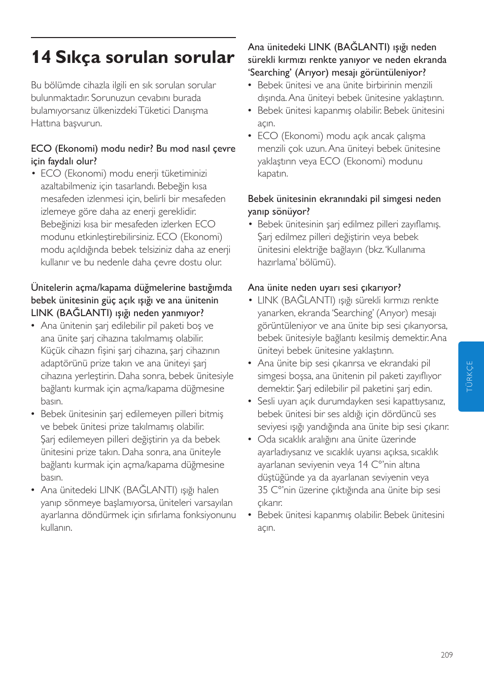 14 sıkça sorulan sorular | Philips AVENT Vigilabebés DECT User Manual | Page 209 / 216