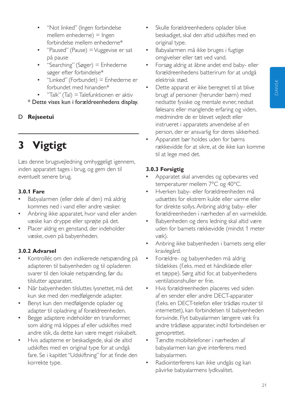 3 vigtigt | Philips AVENT Vigilabebés DECT User Manual | Page 21 / 216