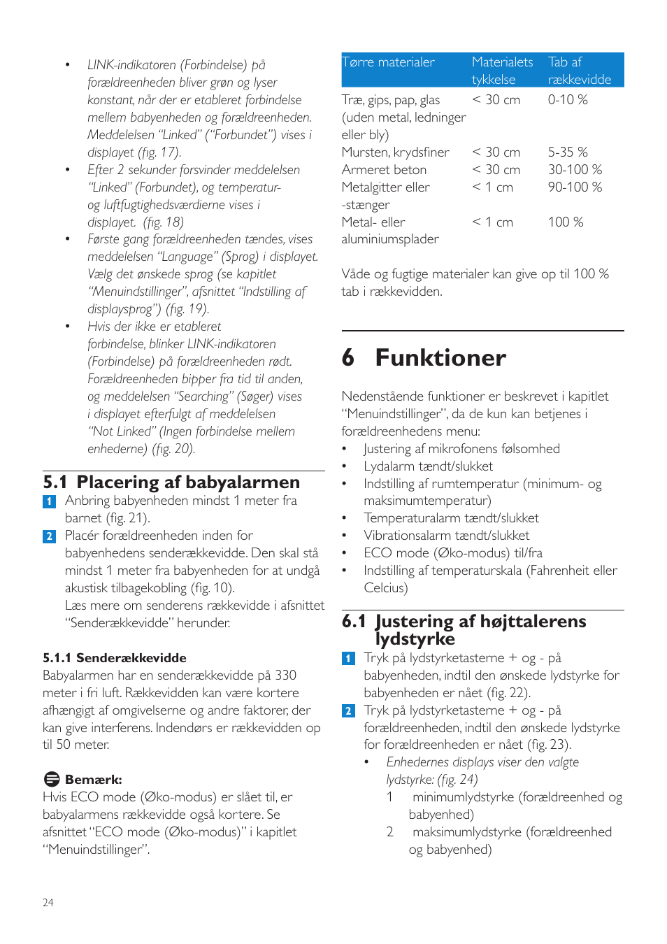 6 funktioner, 1 justering af højttalerens lydstyrke, 1 placering af babyalarmen | Philips AVENT Vigilabebés DECT User Manual | Page 24 / 216
