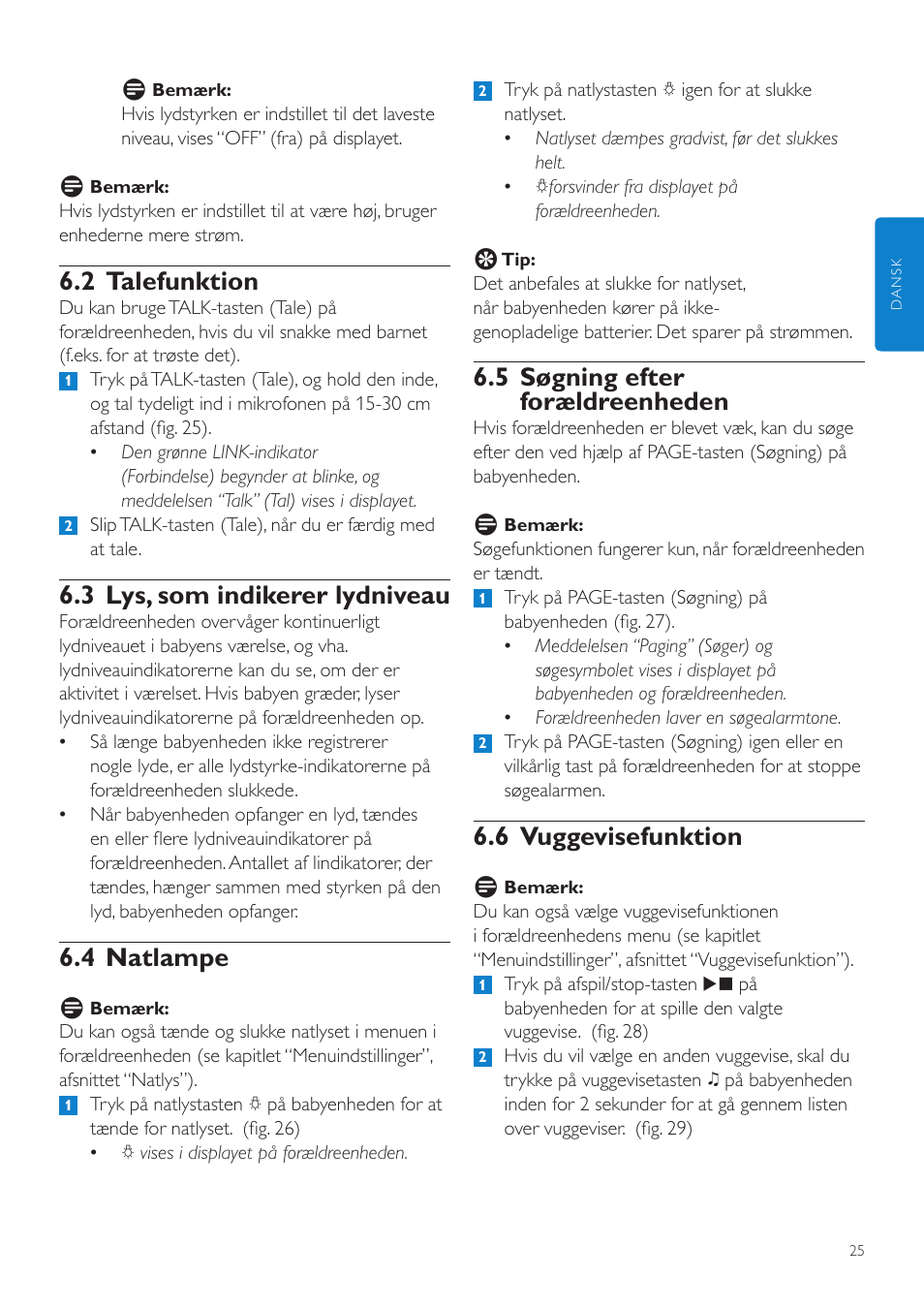 5 søgning efter forældreenheden, 6 vuggevisefunktion, 2 talefunktion | 3 lys, som indikerer lydniveau, 4 natlampe | Philips AVENT Vigilabebés DECT User Manual | Page 25 / 216