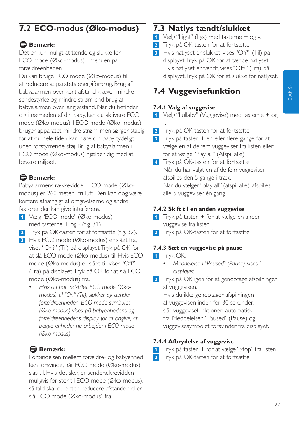 3 natlys tændt/slukket, 4 vuggevisefunktion, 2 eco-modus (øko-modus) | Philips AVENT Vigilabebés DECT User Manual | Page 27 / 216