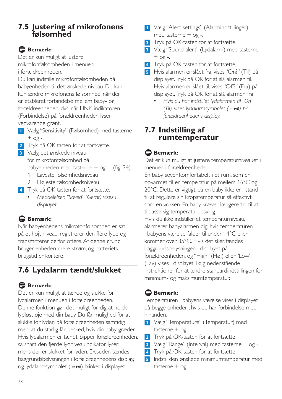 7 indstilling af rumtemperatur, 5 justering af mikrofonens følsomhed, 6 lydalarm tændt/slukket | Philips AVENT Vigilabebés DECT User Manual | Page 28 / 216