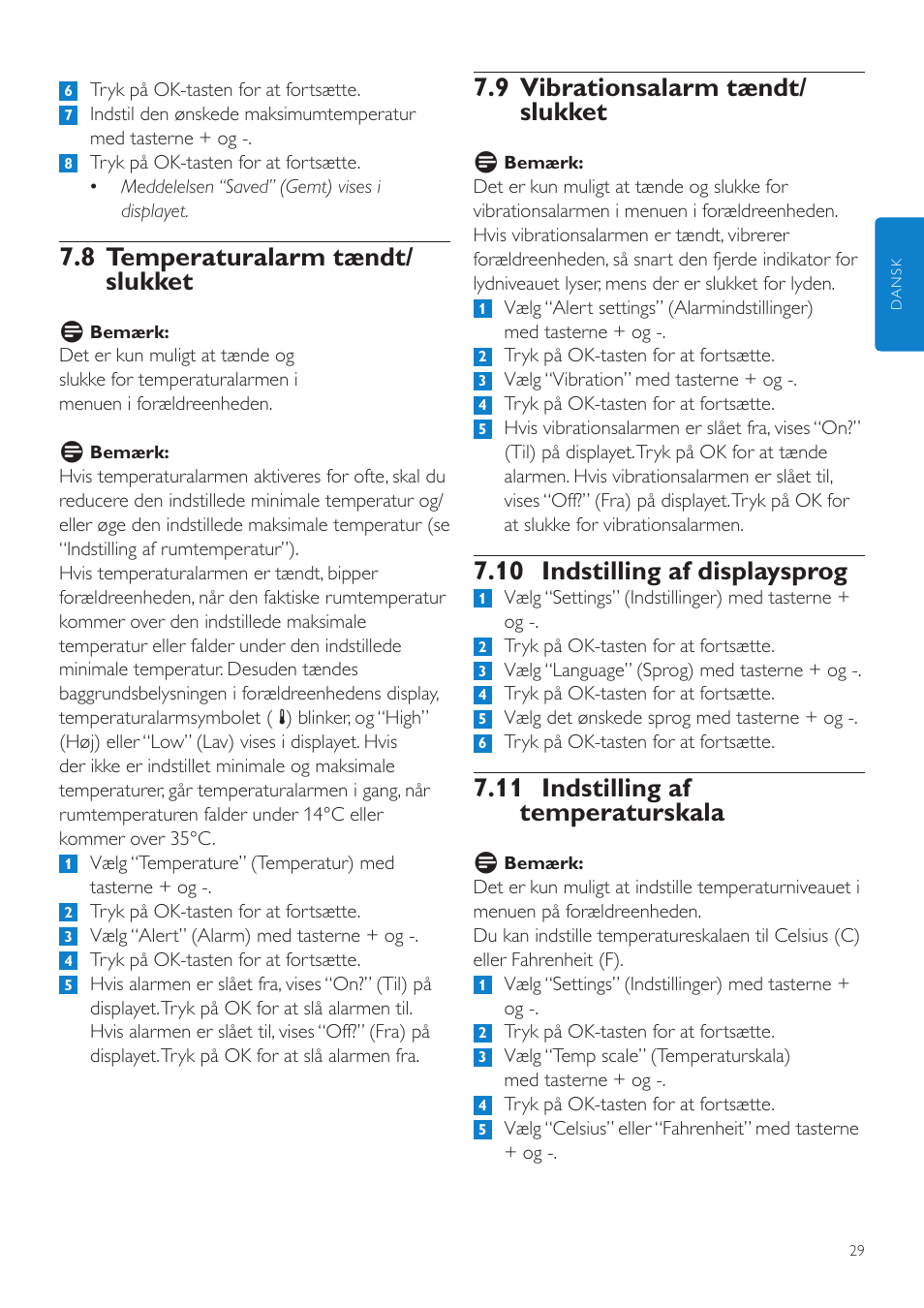 9 vibrationsalarm tændt/ slukket, 10 indstilling af displaysprog, 11 indstilling af temperaturskala | 8 temperaturalarm tændt/ slukket | Philips AVENT Vigilabebés DECT User Manual | Page 29 / 216