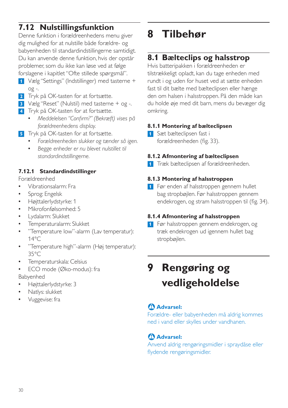 8 tilbehør, 9 rengøring og vedligeholdelse, 1 bælteclips og halsstrop | 12 nulstillingsfunktion | Philips AVENT Vigilabebés DECT User Manual | Page 30 / 216