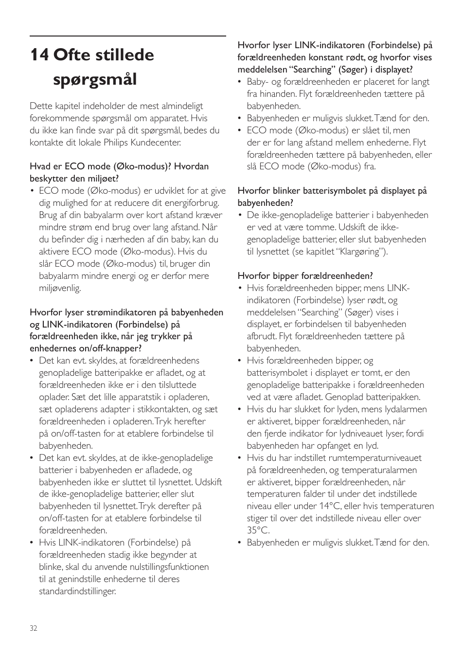 14 ofte stillede spørgsmål | Philips AVENT Vigilabebés DECT User Manual | Page 32 / 216