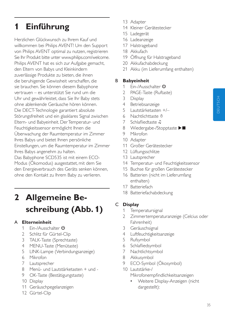 Deutsch, Benutzerhandbuch, 1 einführung | 2 allgemeine be- schreibung (abb. 1) | Philips AVENT Vigilabebés DECT User Manual | Page 35 / 216