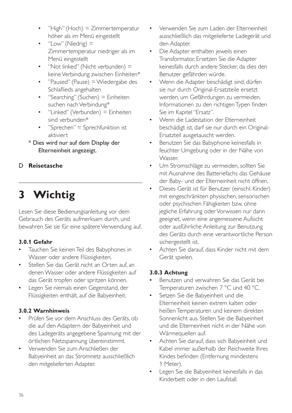 3 wichtig | Philips AVENT Vigilabebés DECT User Manual | Page 36 / 216