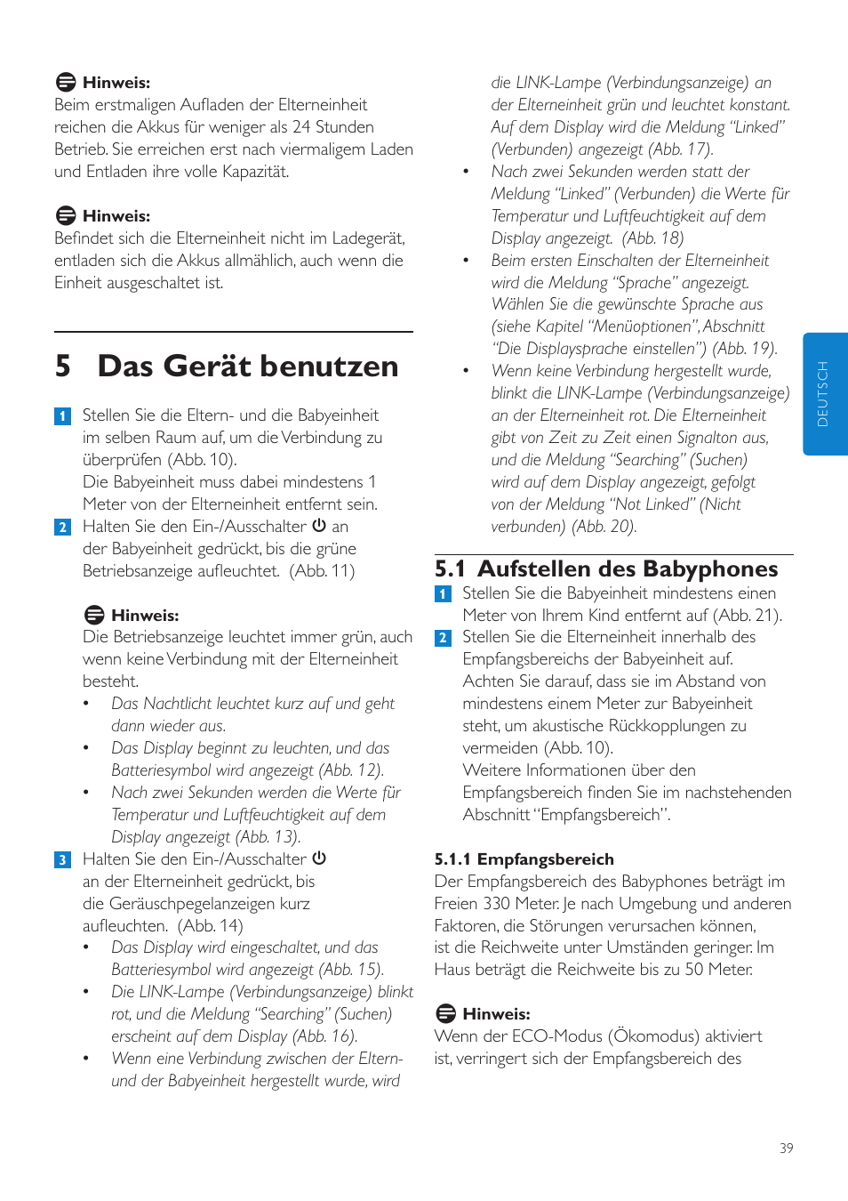 5 das gerät benutzen, 1 aufstellen des babyphones | Philips AVENT Vigilabebés DECT User Manual | Page 39 / 216