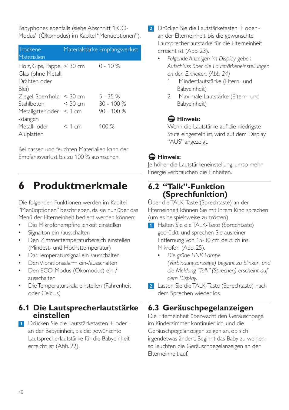 6 produktmerkmale, 2 “talk”-funktion (sprechfunktion), 3 geräuschpegelanzeigen | 1 die lautsprecherlautstärke einstellen | Philips AVENT Vigilabebés DECT User Manual | Page 40 / 216