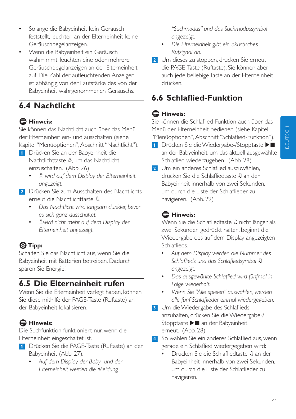 6 schlaflied-funktion, 4 nachtlicht, 5 die elterneinheit rufen | Philips AVENT Vigilabebés DECT User Manual | Page 41 / 216