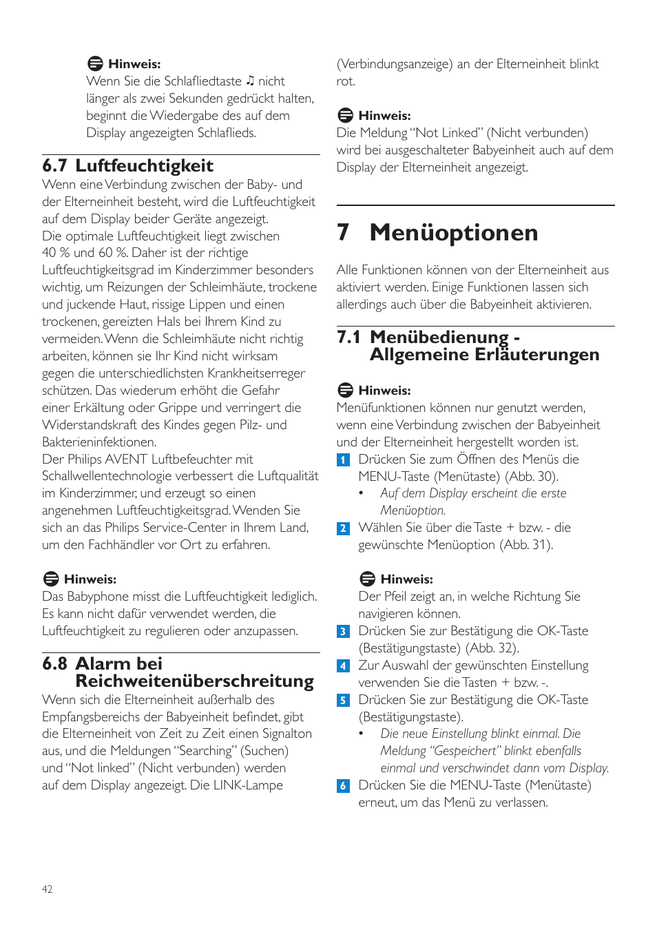 7 menüoptionen, 1 menübedienung - allgemeine erläuterungen, 7 luftfeuchtigkeit | 8 alarm bei reichweitenüberschreitung | Philips AVENT Vigilabebés DECT User Manual | Page 42 / 216