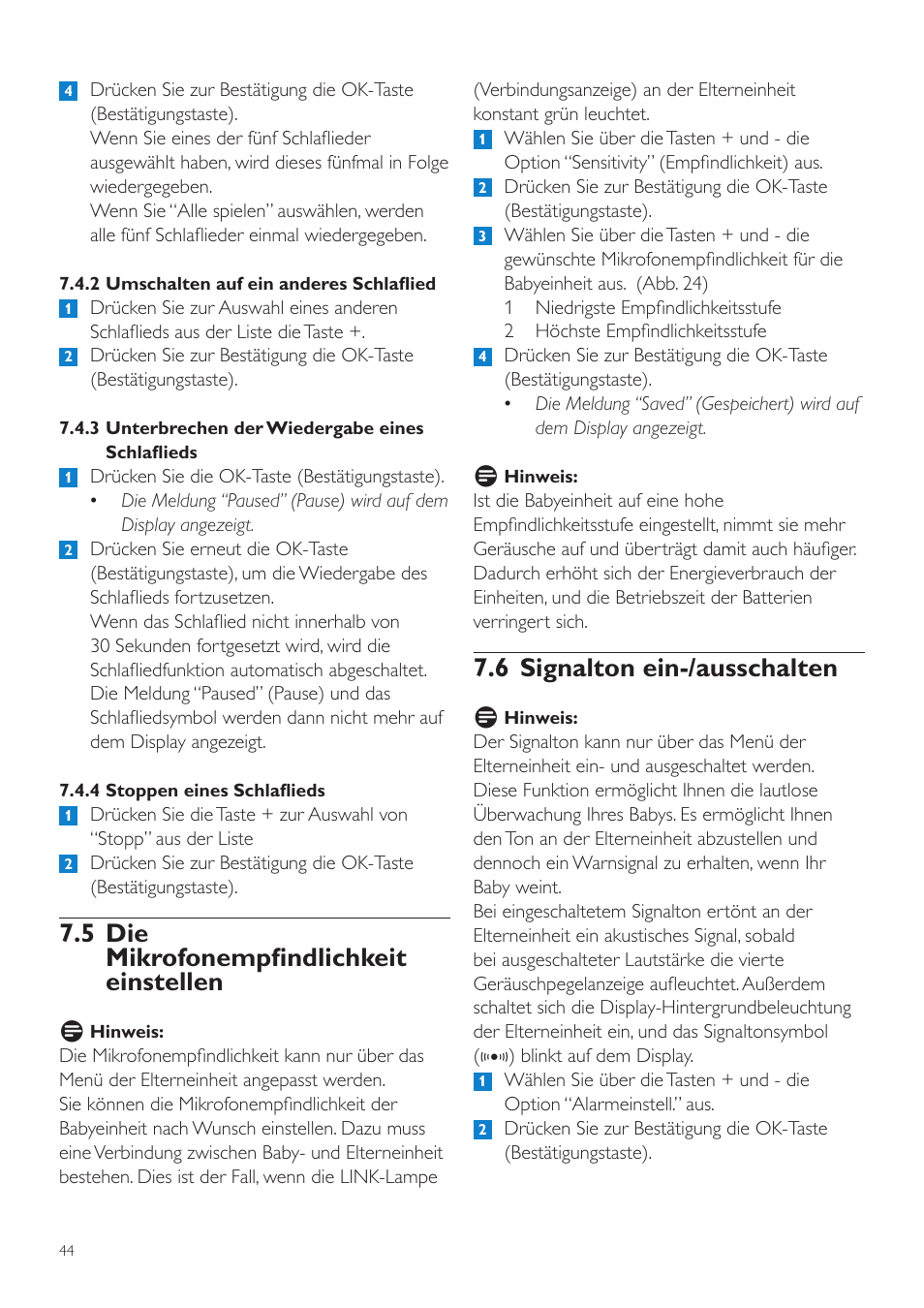 6 signalton ein-/ausschalten, 5 die mikrofonempfindlichkeit einstellen | Philips AVENT Vigilabebés DECT User Manual | Page 44 / 216