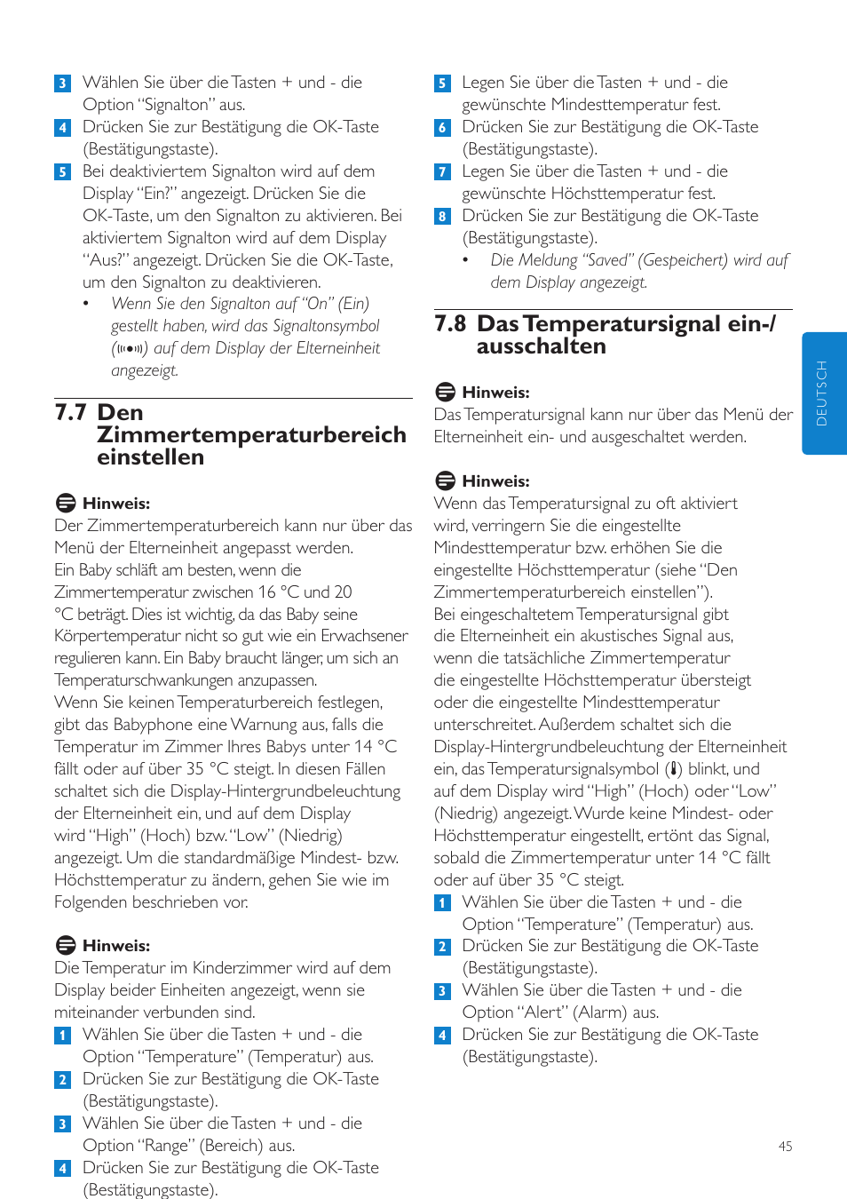 8 das temperatursignal ein-/ ausschalten, 7 den zimmertemperaturbereich einstellen | Philips AVENT Vigilabebés DECT User Manual | Page 45 / 216