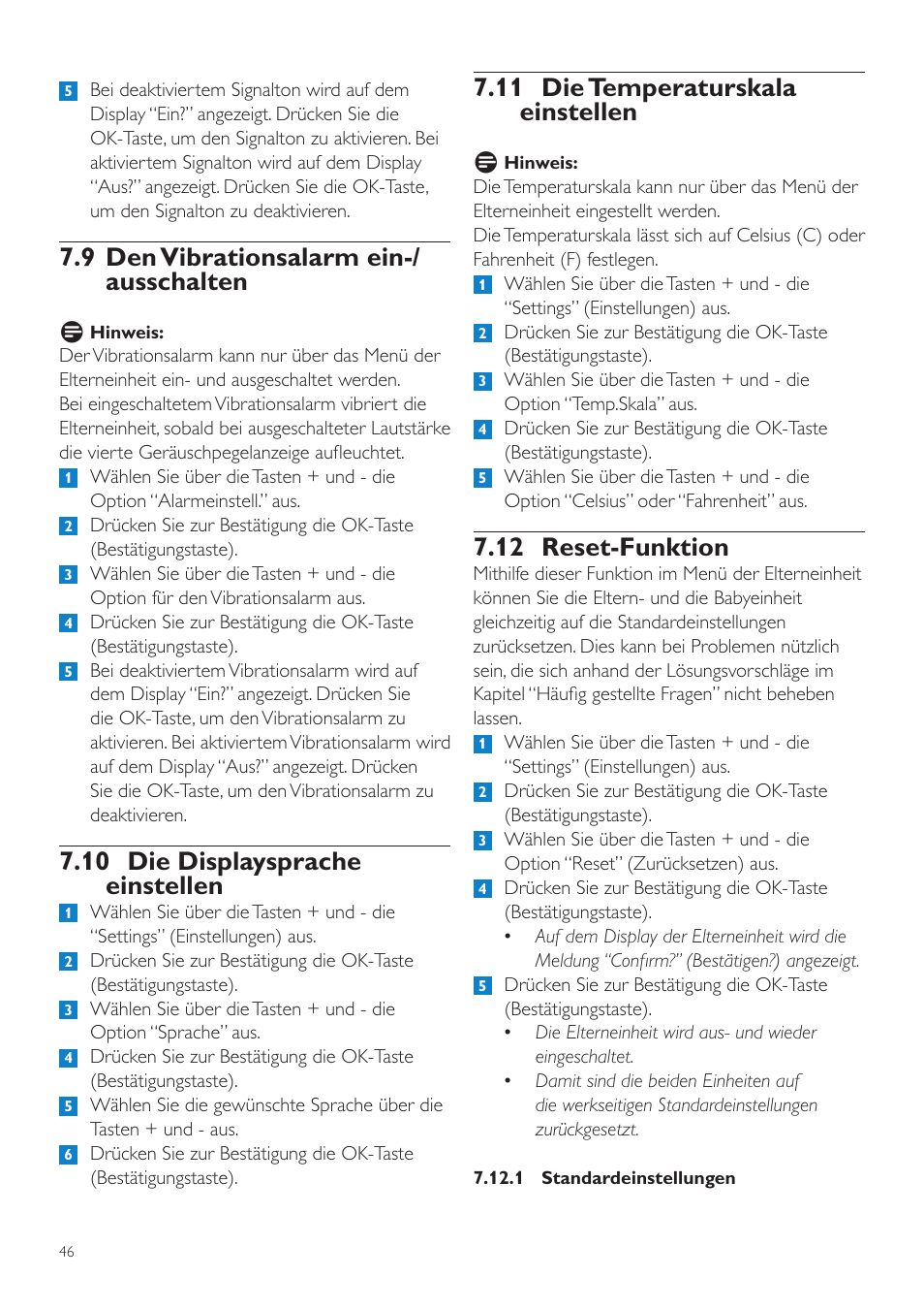 11 die temperaturskala einstellen, 12 reset-funktion, 9 den vibrationsalarm ein-/ ausschalten | 10 die displaysprache einstellen | Philips AVENT Vigilabebés DECT User Manual | Page 46 / 216