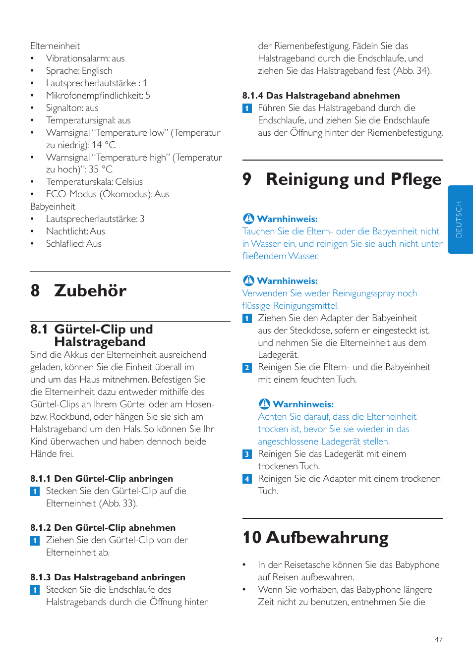 9 reinigung und pflege, 10 aufbewahrung, 8 zubehör | 1 gürtel-clip und halstrageband | Philips AVENT Vigilabebés DECT User Manual | Page 47 / 216