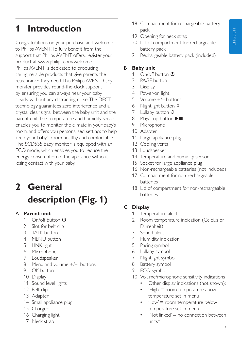 English, User manual, 1 introduction | 2 general description (fig. 1) | Philips AVENT Vigilabebés DECT User Manual | Page 5 / 216