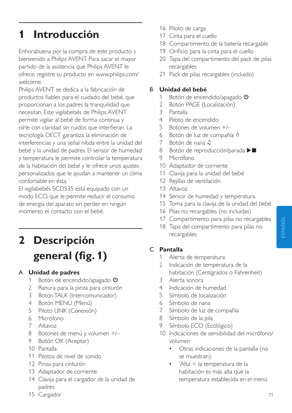 Español, Manual del usuario, 1 introducción | 2 descripción general (fig. 1) | Philips AVENT Vigilabebés DECT User Manual | Page 71 / 216