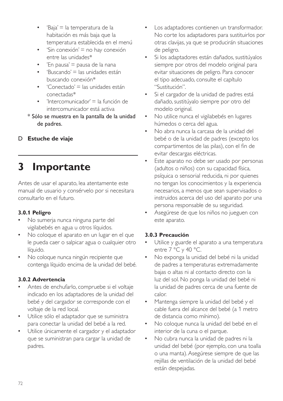 3 importante | Philips AVENT Vigilabebés DECT User Manual | Page 72 / 216