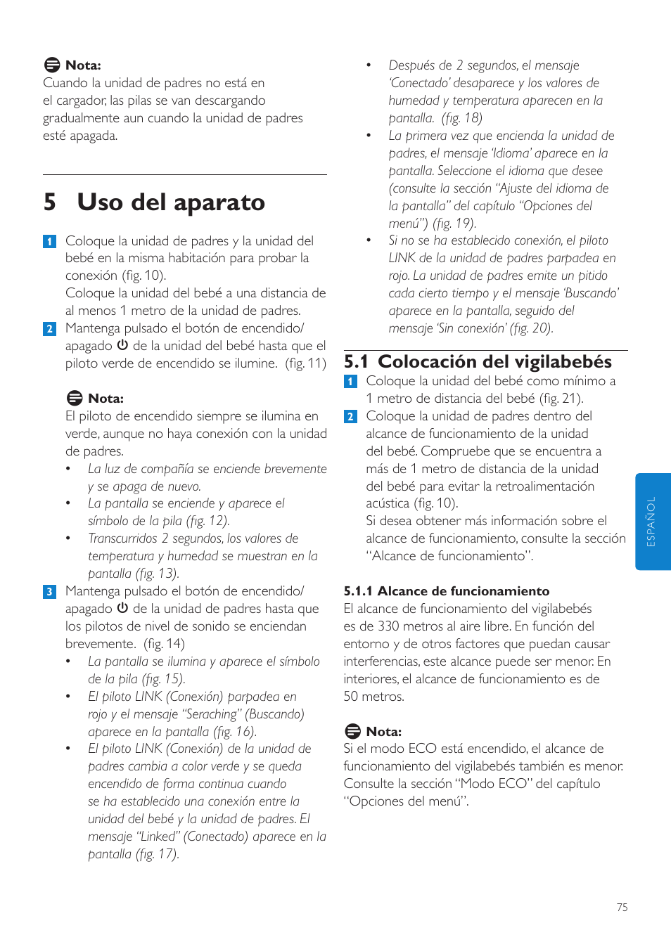 5 uso del aparato, 1 colocación del vigilabebés | Philips AVENT Vigilabebés DECT User Manual | Page 75 / 216