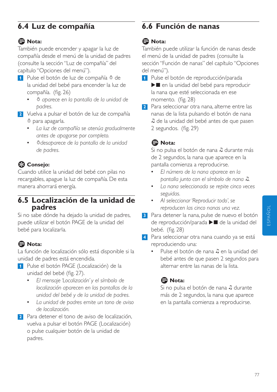 6 función de nanas, 4 luz de compañía, 5 localización de la unidad de padres | Philips AVENT Vigilabebés DECT User Manual | Page 77 / 216