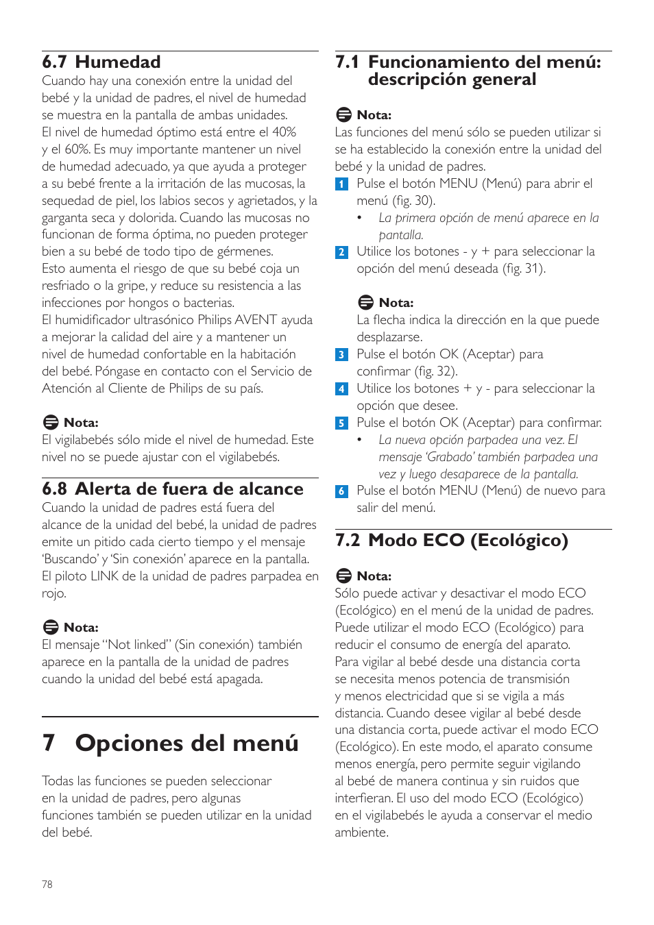 7 opciones del menú, 1 funcionamiento del menú: descripción general, 2 modo eco (ecológico) | 7 humedad, 8 alerta de fuera de alcance | Philips AVENT Vigilabebés DECT User Manual | Page 78 / 216