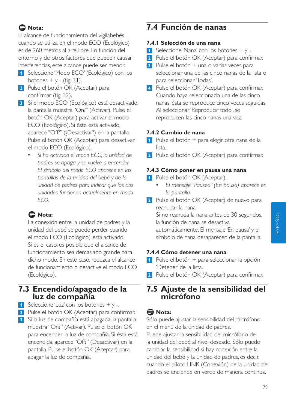 4 función de nanas, 5 ajuste de la sensibilidad del micrófono, 3 encendido/apagado de la luz de compañía | Philips AVENT Vigilabebés DECT User Manual | Page 79 / 216