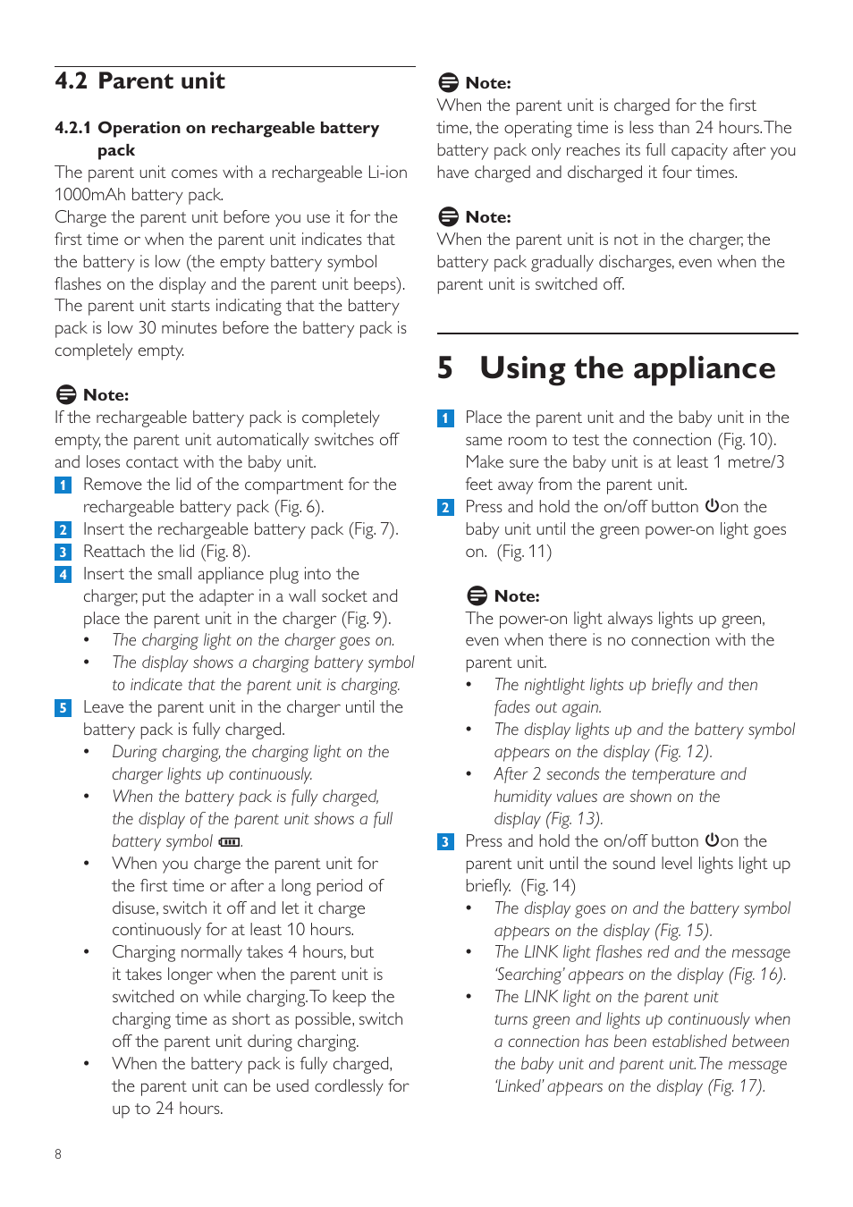 5 using the appliance, 2 parent unit | Philips AVENT Vigilabebés DECT User Manual | Page 8 / 216