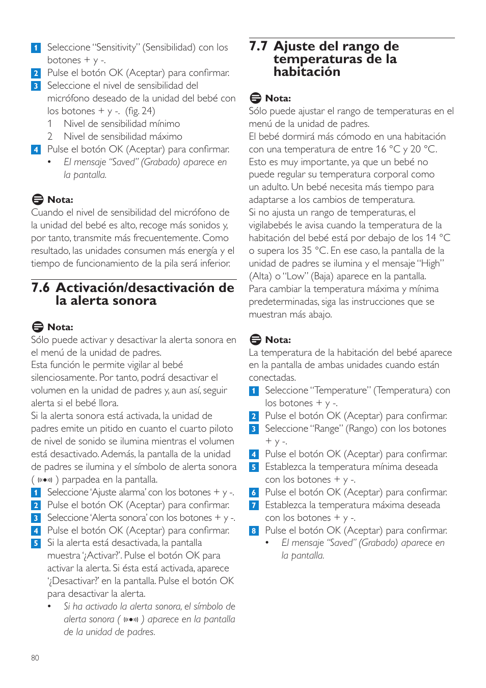 6 activación/desactivación de la alerta sonora | Philips AVENT Vigilabebés DECT User Manual | Page 80 / 216