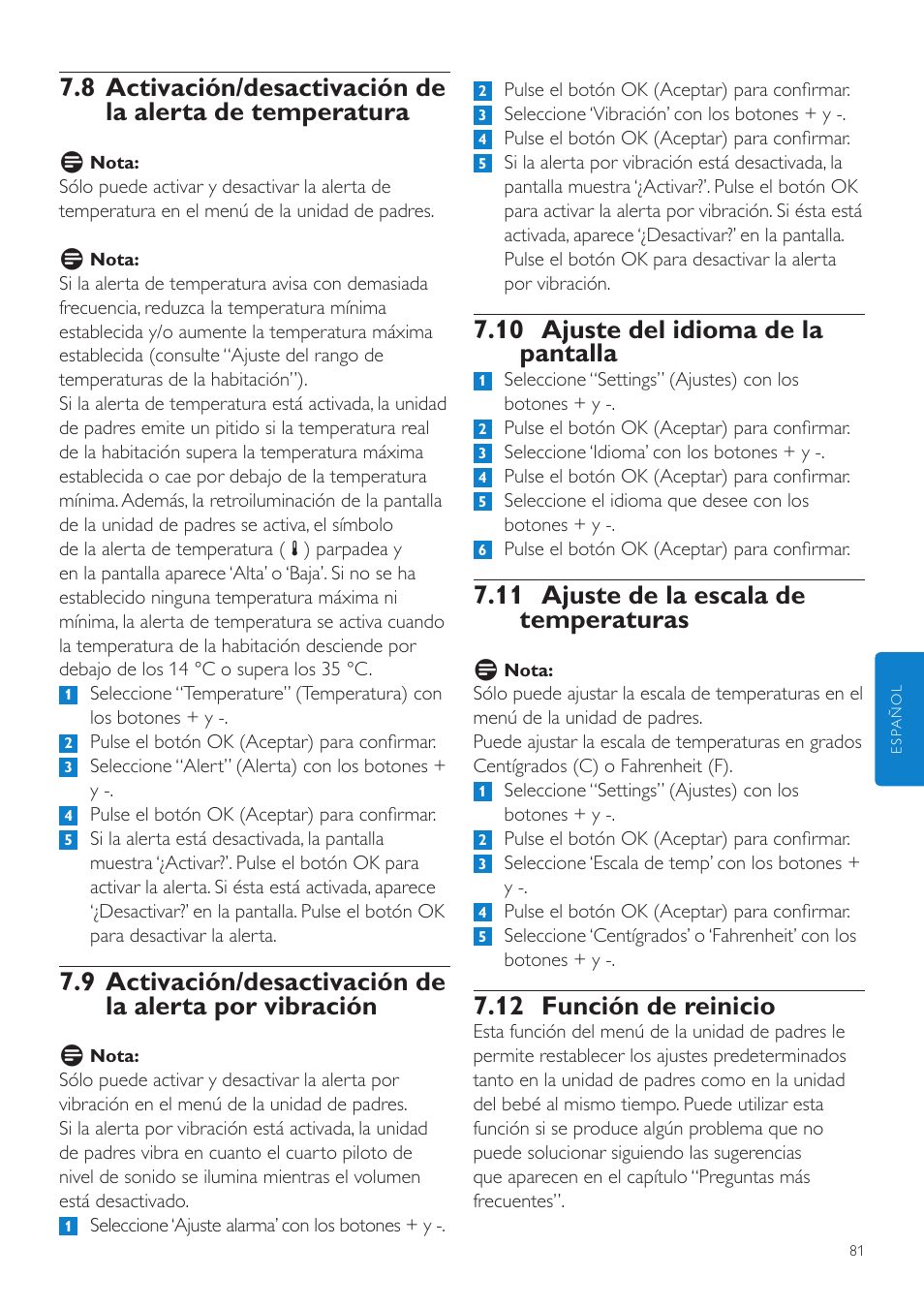 10 ajuste del idioma de la pantalla, 11 ajuste de la escala de temperaturas, 12 función de reinicio | Philips AVENT Vigilabebés DECT User Manual | Page 81 / 216
