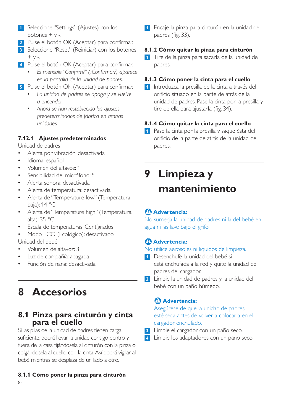 9 limpieza y mantenimiento, 8 accesorios, 1 pinza para cinturón y cinta para el cuello | Philips AVENT Vigilabebés DECT User Manual | Page 82 / 216