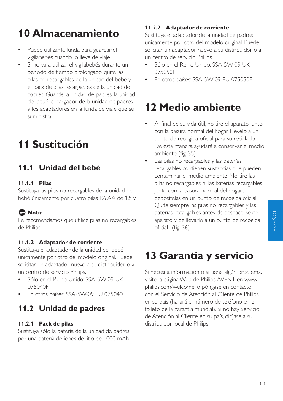 12 medio ambiente, 13 garantía y servicio, 10 almacenamiento | 11 sustitución, 1 unidad del bebé, 2 unidad de padres | Philips AVENT Vigilabebés DECT User Manual | Page 83 / 216