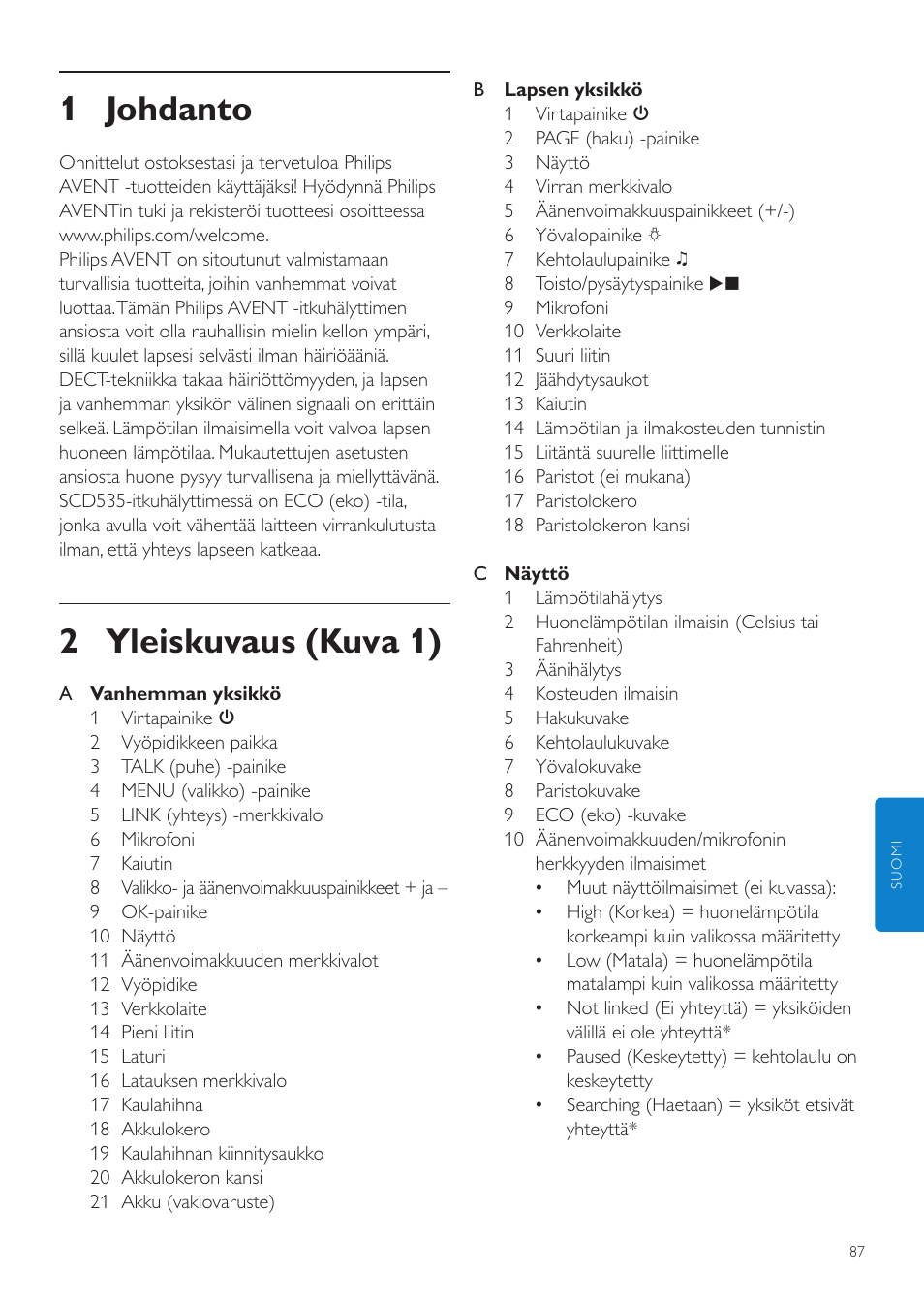 Suomi, Käyttöopas, 1 johdanto | 2 yleiskuvaus (kuva 1) | Philips AVENT Vigilabebés DECT User Manual | Page 87 / 216