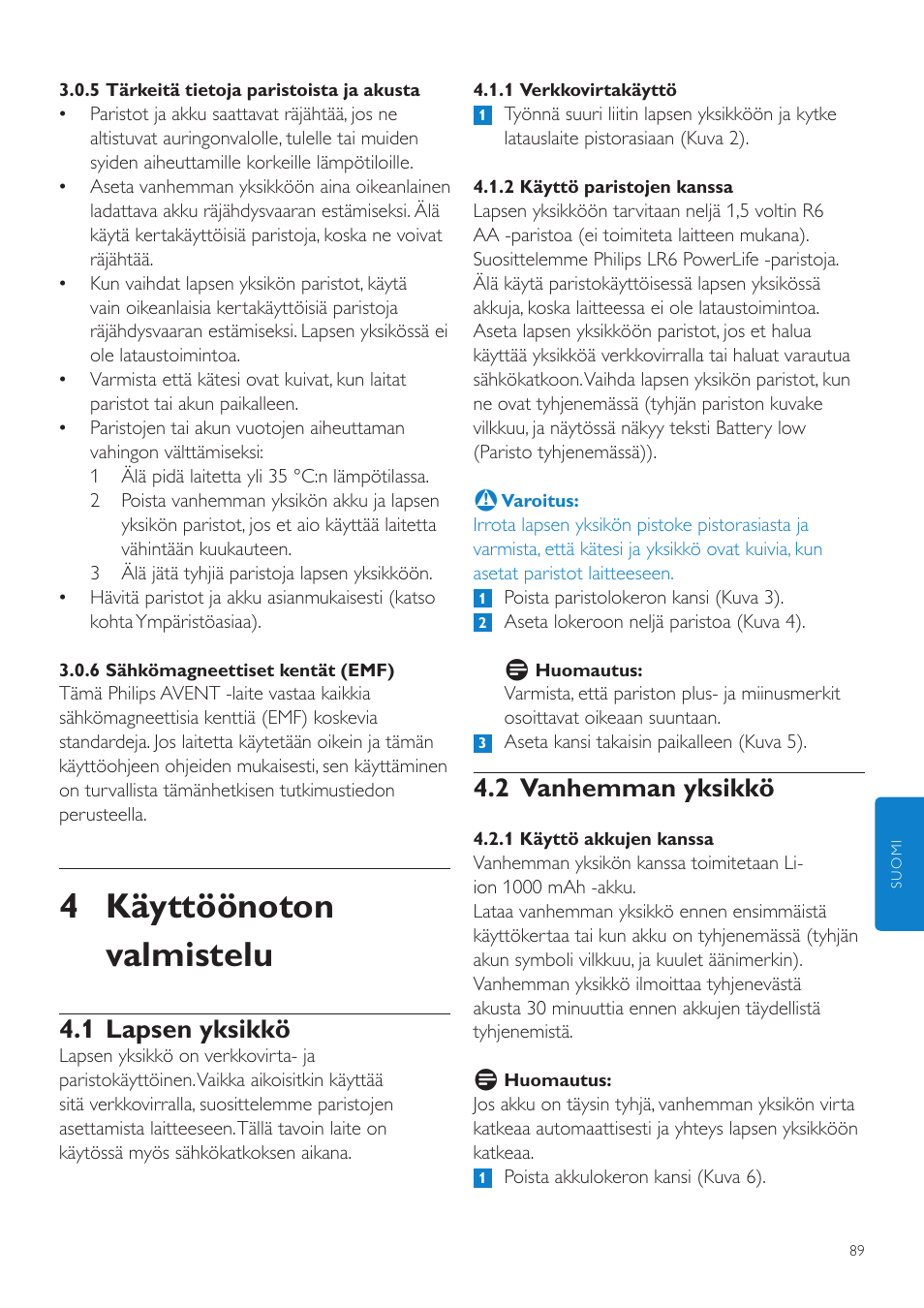 4 käyttöönoton valmistelu, 2 vanhemman yksikkö, 1 lapsen yksikkö | Philips AVENT Vigilabebés DECT User Manual | Page 89 / 216