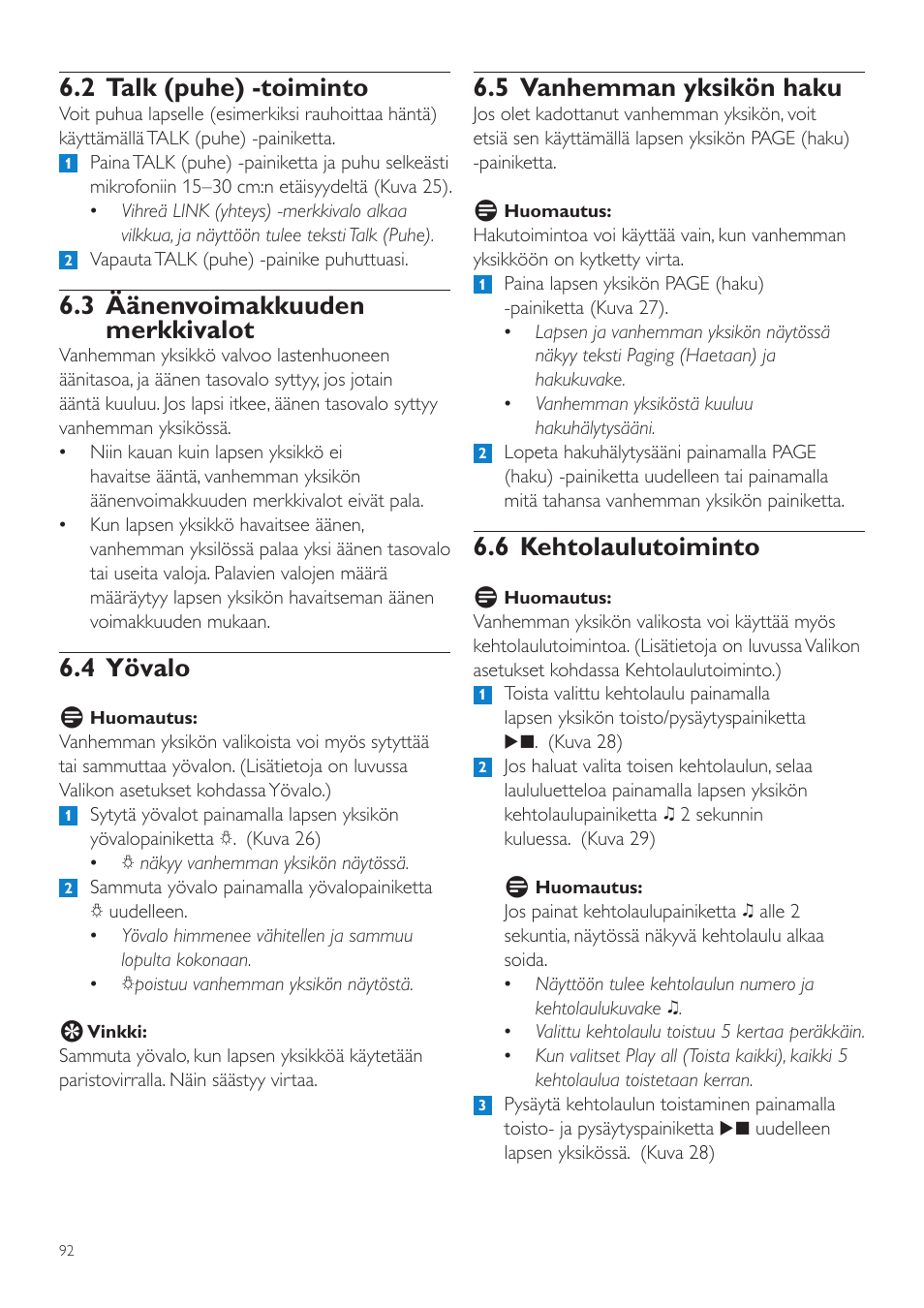 5 vanhemman yksikön haku, 6 kehtolaulutoiminto, 2 talk (puhe) -toiminto | 3 äänenvoimakkuuden merkkivalot, 4 yövalo | Philips AVENT Vigilabebés DECT User Manual | Page 92 / 216