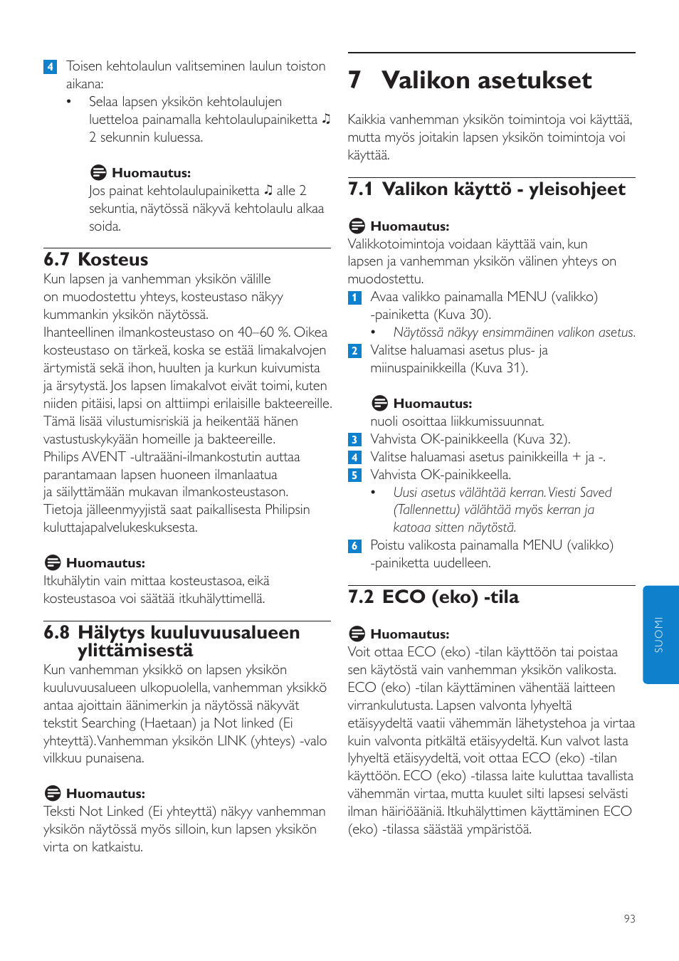 7 valikon asetukset, 1 valikon käyttö - yleisohjeet, 2 eco (eko) -tila | 7 kosteus, 8 hälytys kuuluvuusalueen ylittämisestä | Philips AVENT Vigilabebés DECT User Manual | Page 93 / 216