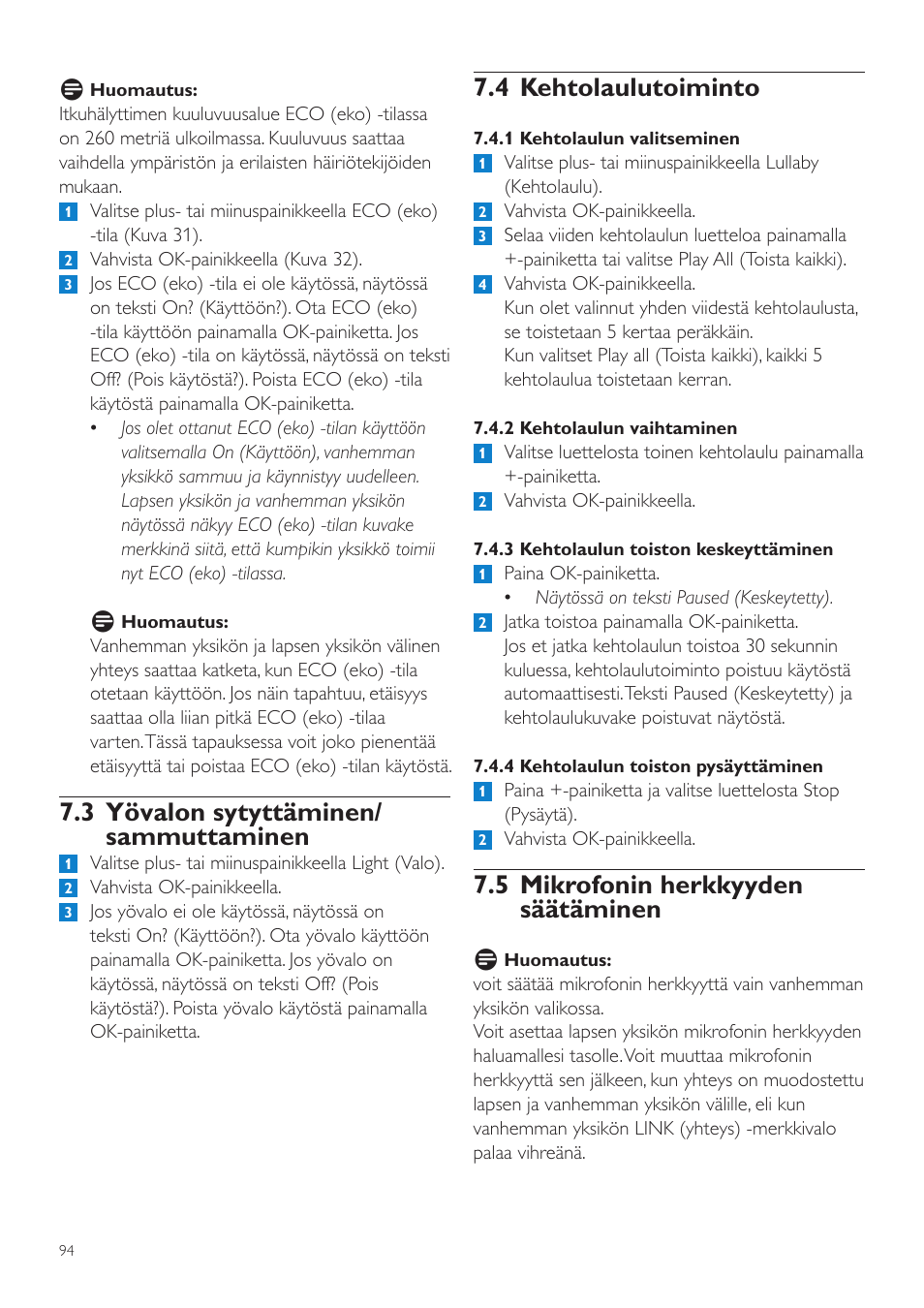 4 kehtolaulutoiminto, 5 mikrofonin herkkyyden säätäminen, 3 yövalon sytyttäminen/ sammuttaminen | Philips AVENT Vigilabebés DECT User Manual | Page 94 / 216