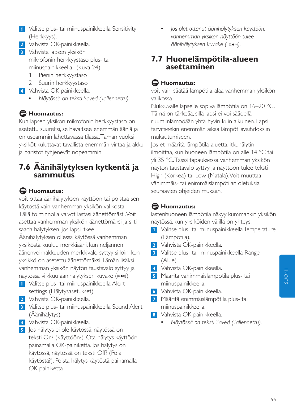 7 huonelämpötila-alueen asettaminen, 6 äänihälytyksen kytkentä ja sammutus | Philips AVENT Vigilabebés DECT User Manual | Page 95 / 216