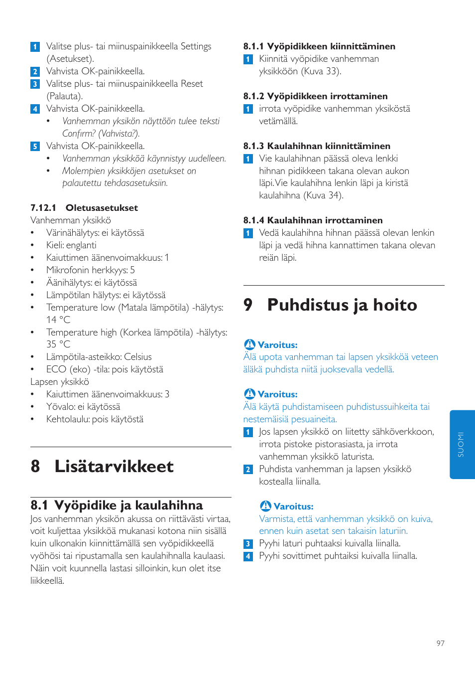 9 puhdistus ja hoito, 8 lisätarvikkeet, 1 vyöpidike ja kaulahihna | Philips AVENT Vigilabebés DECT User Manual | Page 97 / 216