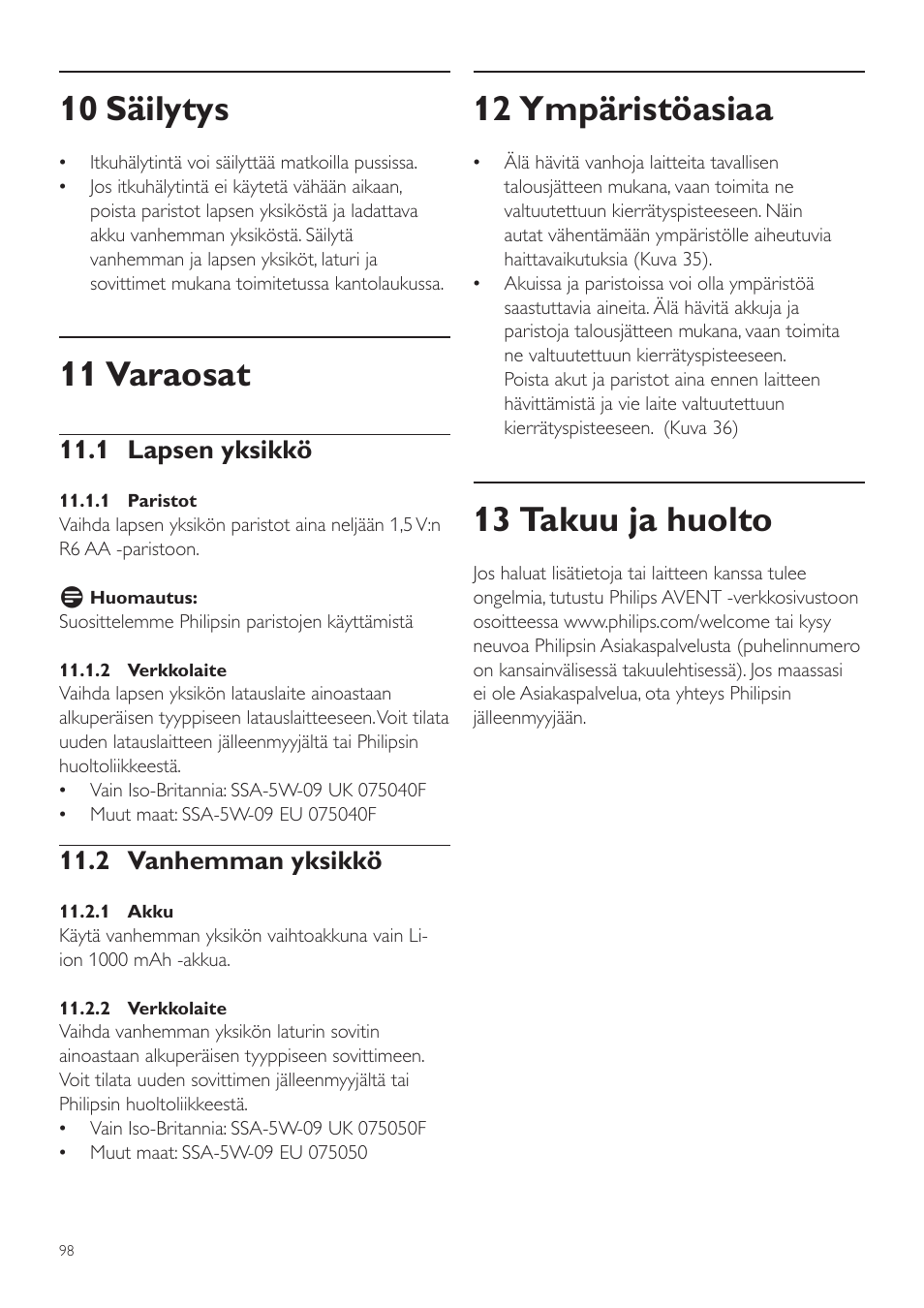 12 ympäristöasiaa, 13 takuu ja huolto, 10 säilytys | 11 varaosat, 1 lapsen yksikkö, 2 vanhemman yksikkö | Philips AVENT Vigilabebés DECT User Manual | Page 98 / 216