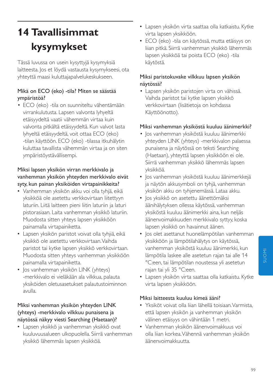 14 tavallisimmat kysymykset | Philips AVENT Vigilabebés DECT User Manual | Page 99 / 216