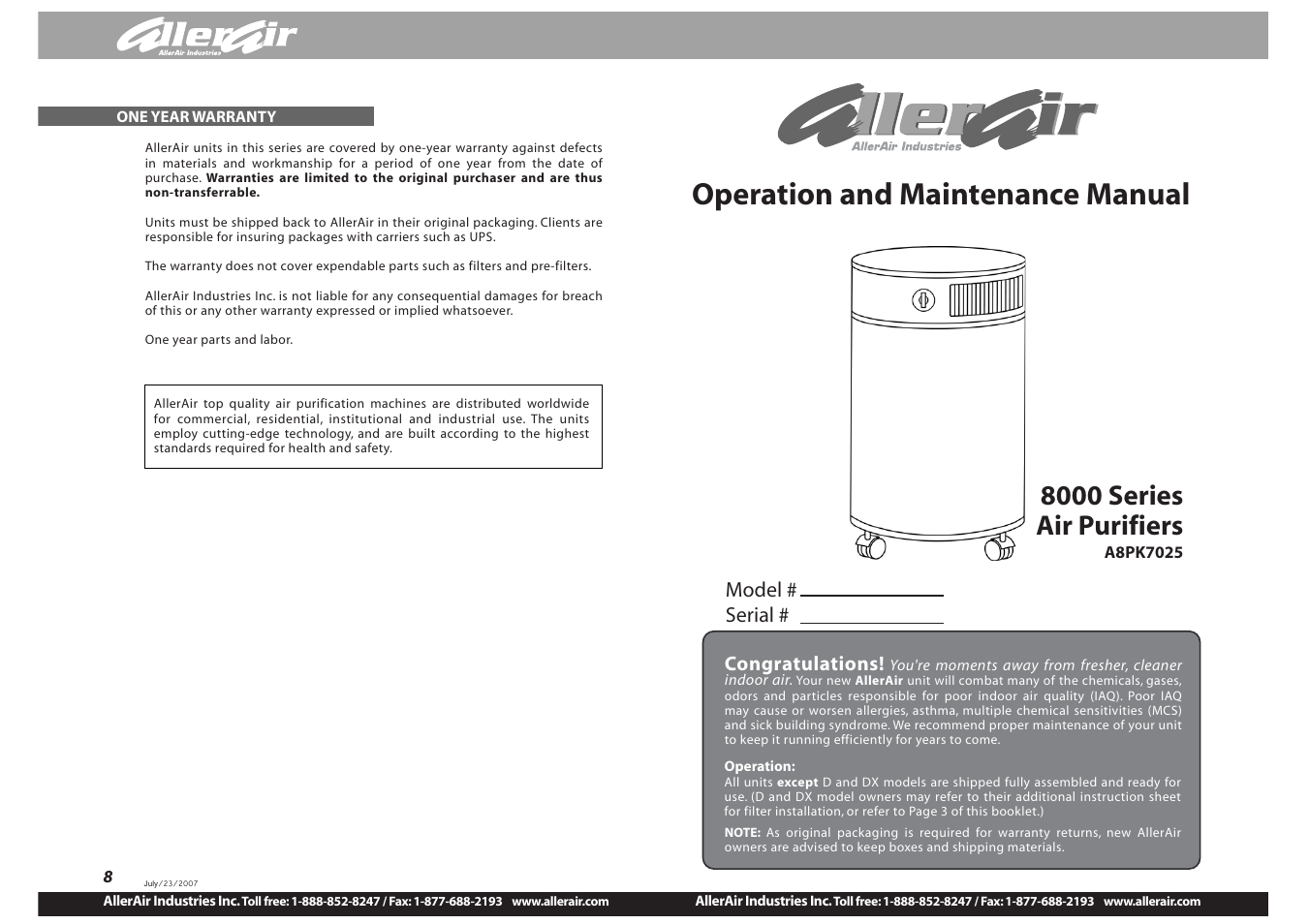 AllerAir A8PK7025 User Manual | 4 pages