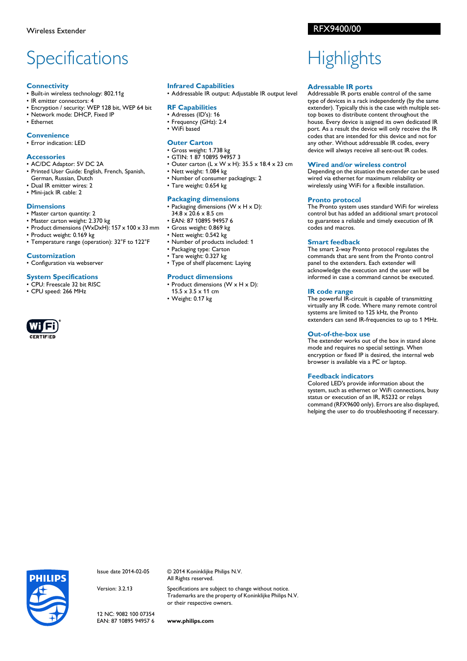 Specifications, Highlights | Philips Pronto Extensor inalámbrico User Manual | Page 2 / 2