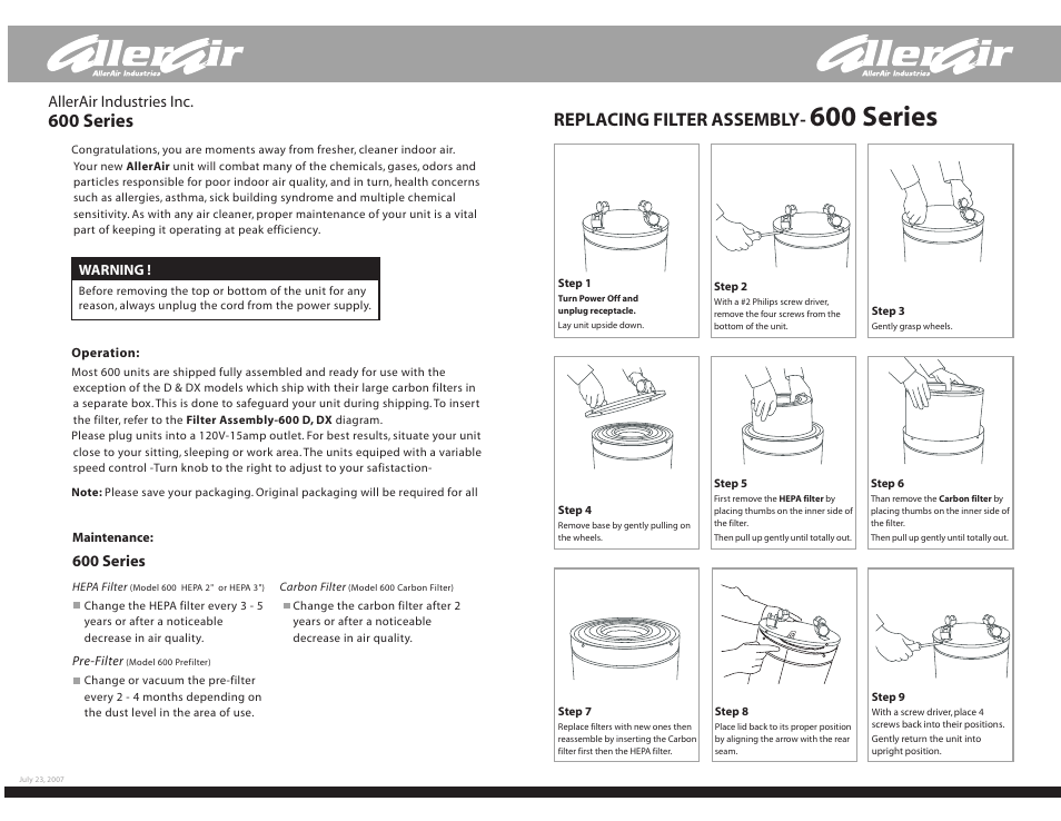 600 series, Replacing filter assembly, Allerair industries inc | AllerAir 600 Series User Manual | Page 2 / 2