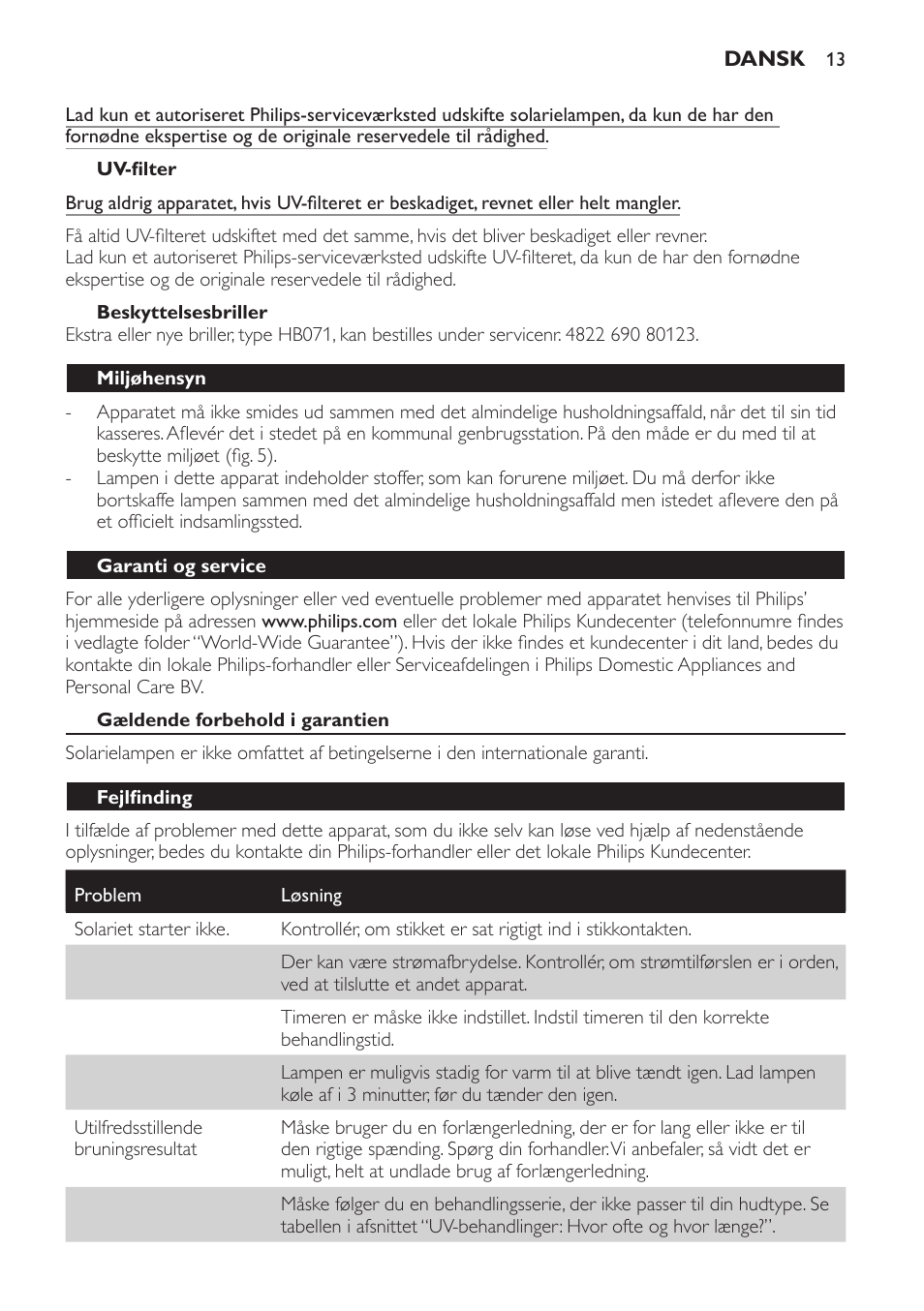 Uv-filter, Beskyttelsesbriller, Miljøhensyn | Garanti og service, Gældende forbehold i garantien, Fejlfinding | Philips Solárium de medio cuerpo User Manual | Page 13 / 76